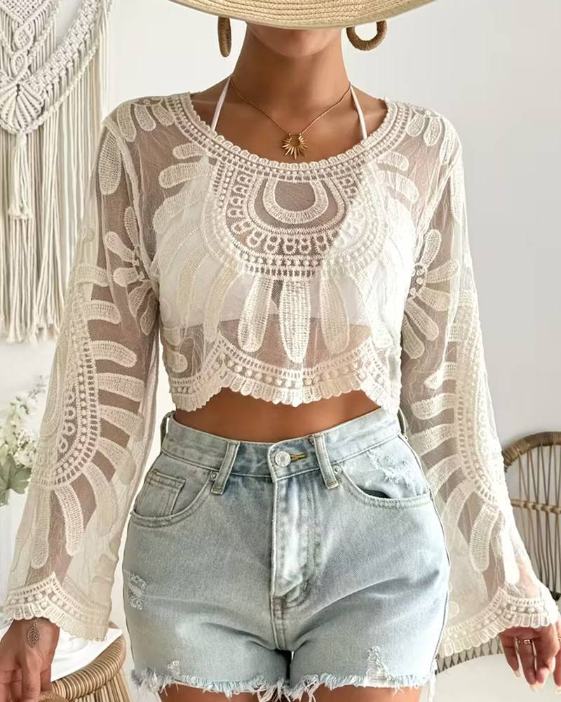 Floral-Embroidered Semi-sheer Long Sleeve Round Neck Cover-Up