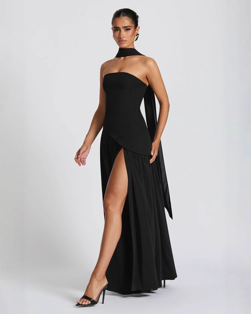 Women's Plain Split Thigh Strapless Bodycon Tube Dress