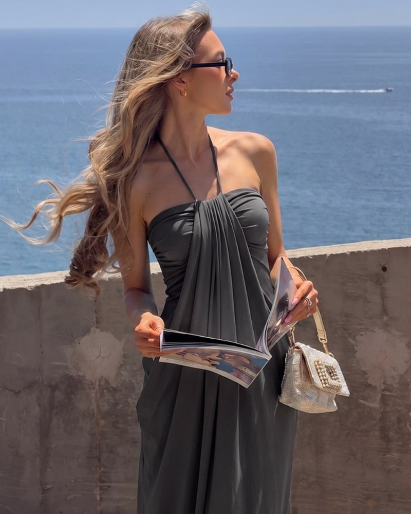 Strapless Halter Neck Sexy Backless with Pockets Tie Back Maxi Dress