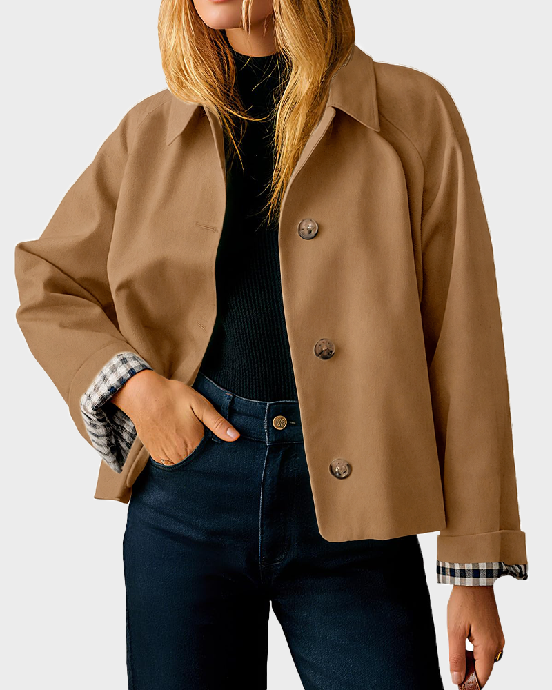 Women's Cropped Trench Coat Style Oversized Checkered Lining Jacket