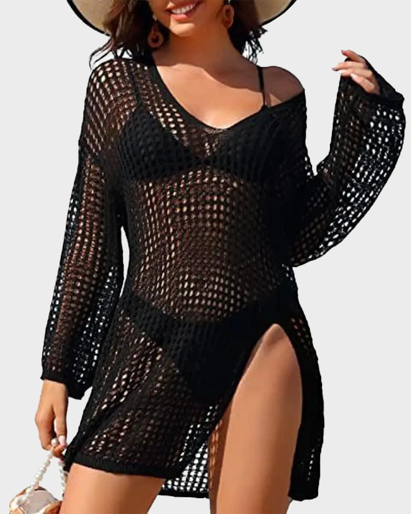 Women's Crochet Loose Side Split Cover Up Beach Hollow Out Swim Dress