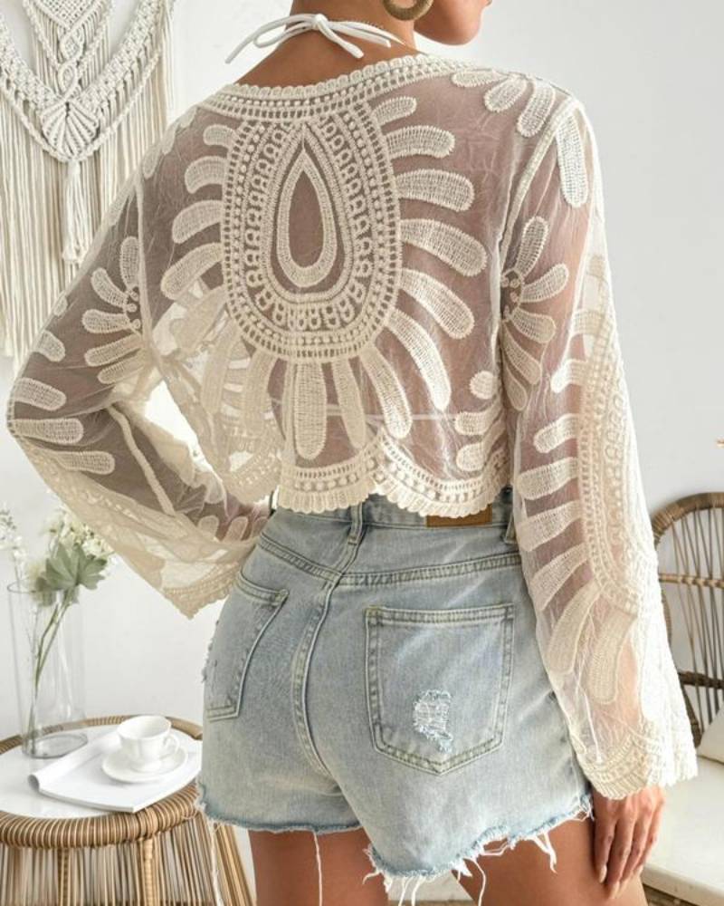 Floral-Embroidered Semi-sheer Long Sleeve Round Neck Cover-Up
