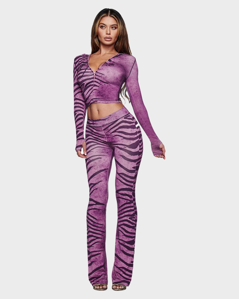 Letter Print Zip Up Cropped Hoodie  & Low Rise Flare Leg Pants Set