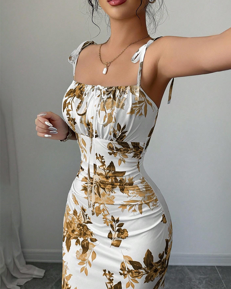 Fine Strap Bow Waist Floral Ruched Hem Slit Fitted Casual Slimming Elegant Dress