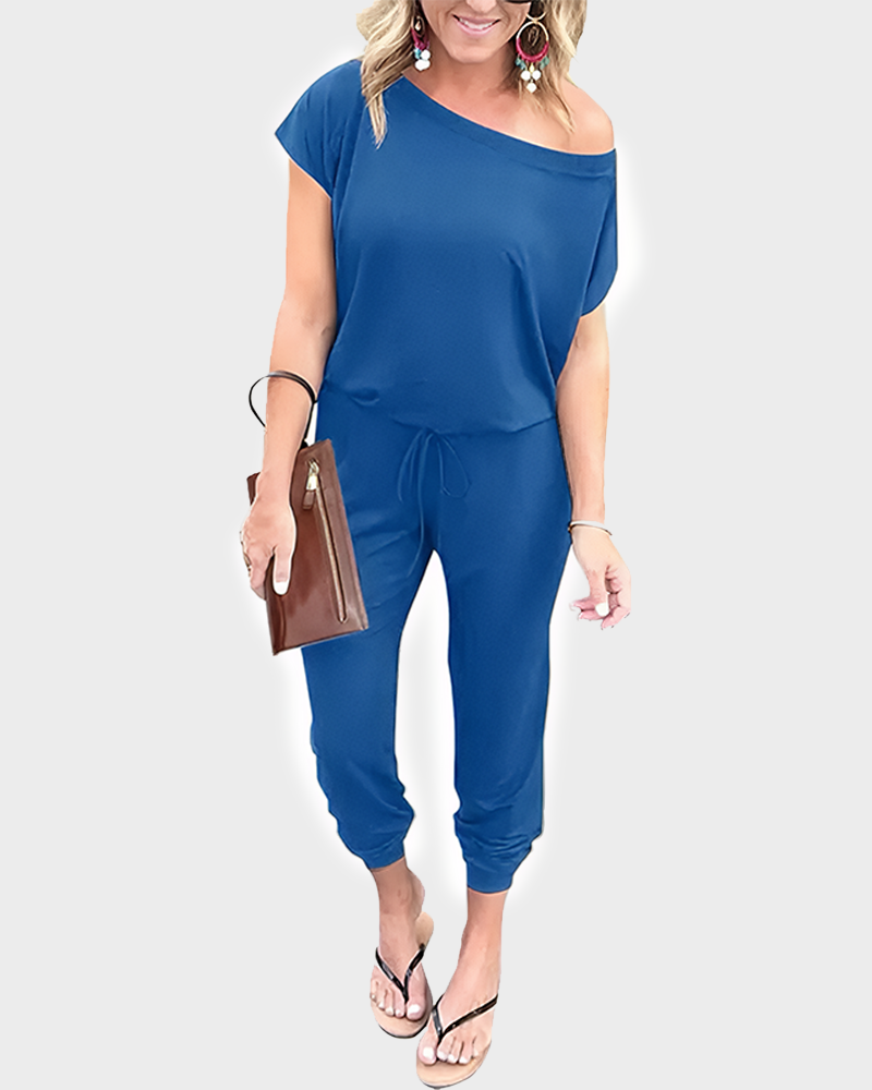 Women's Plus Size Off Shoulder Elastic Waist Loose Minimalist Jumpsuit Casual Lightweight Romper