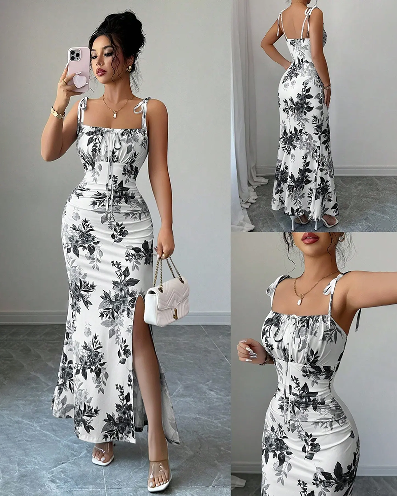 Fine Strap Bow Waist Floral Ruched Hem Slit Fitted Casual Slimming Elegant Dress