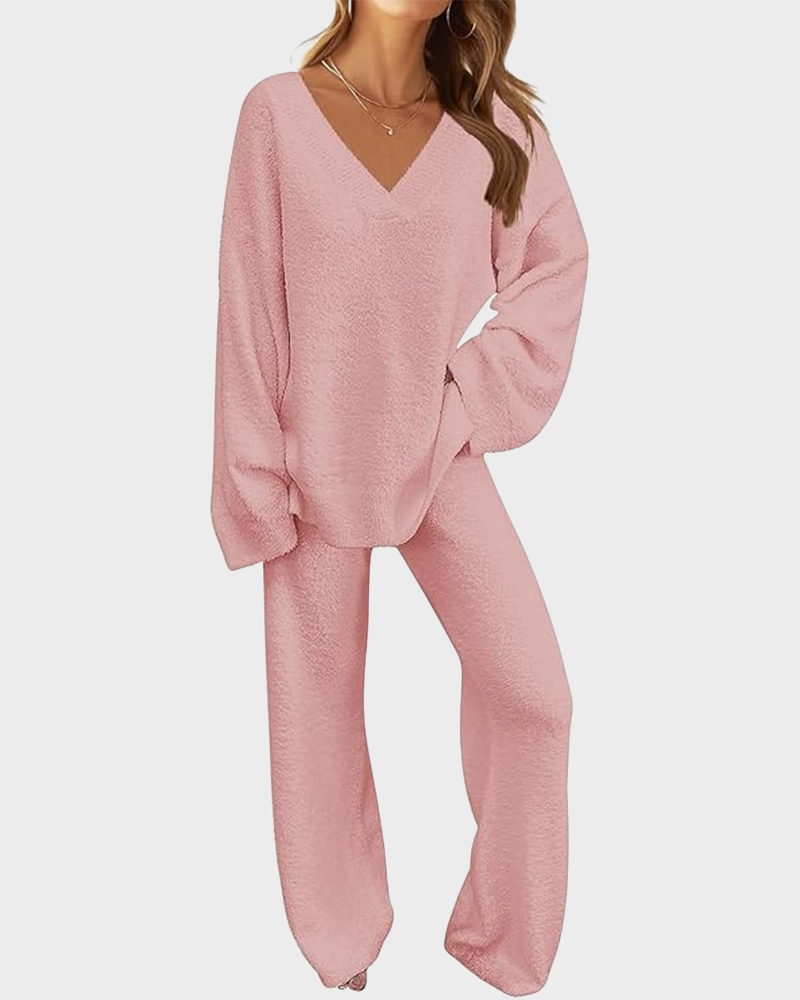Soft Fuzzy V-Neck Sweater Pajama Set - 2-Piece Loungewear