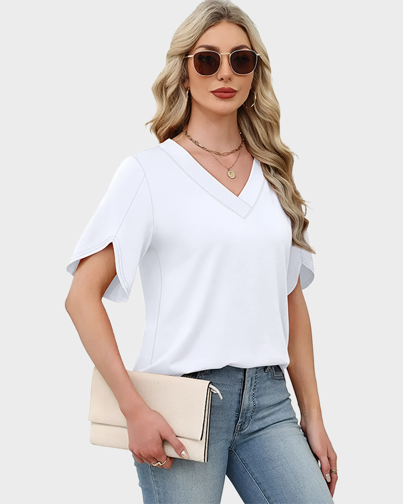 Women's Summer V Neck Short Petal Sleeve Blouse Casual Fashion Top