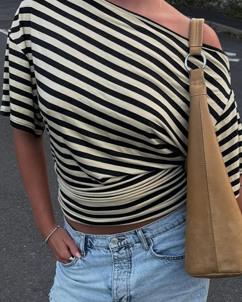 Asymmetrical One Shoulder Striped Asymmetrical Short Sleeve Top