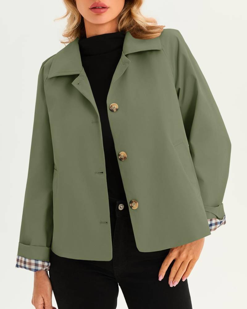 Women's Cropped Trench Coat Style Oversized Checkered Lining Jacket