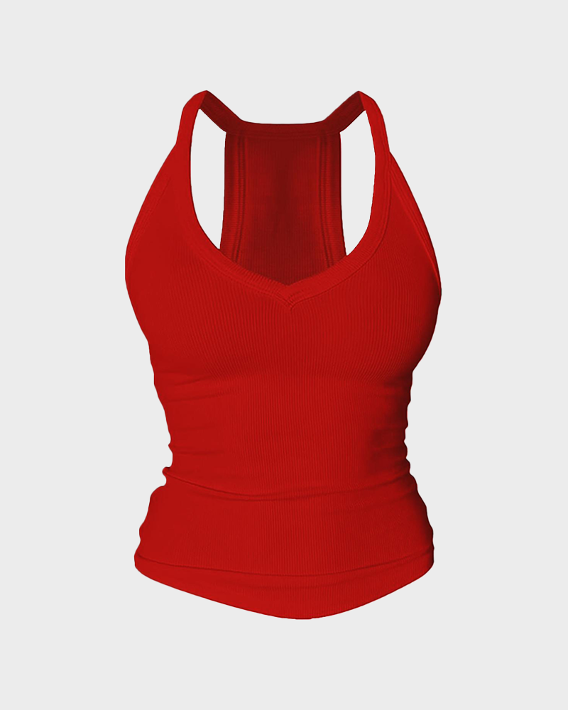 Women's V Neck Cotton Racerback Tank Top Built in Bra Sleeveless Fitted Cami