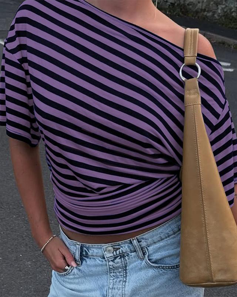 Asymmetrical One Shoulder Striped Asymmetrical Short Sleeve Top