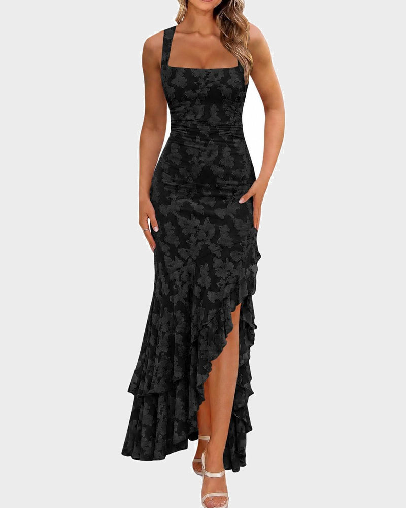 Floral Ruched Bodycon Mermaid Dress Square Neck Formal Wedding Guest Gown