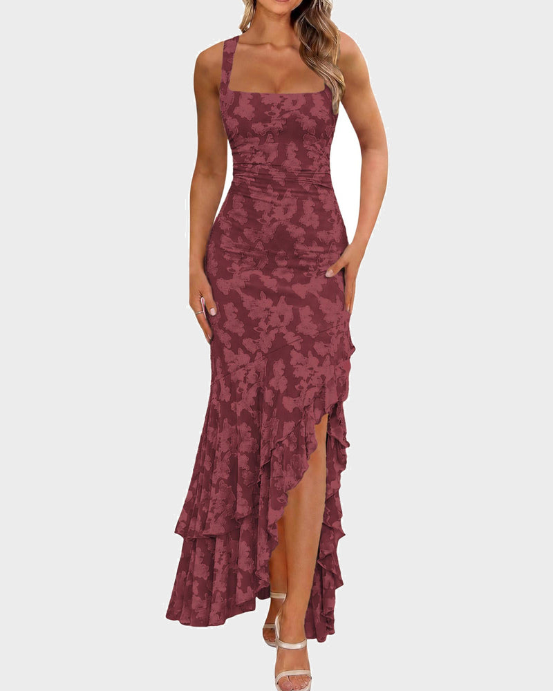 Floral Ruched Bodycon Mermaid Dress Square Neck Formal Wedding Guest Gown