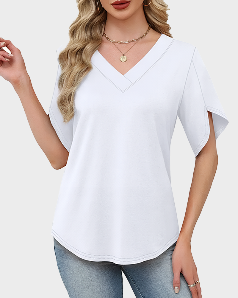 Women's Summer V Neck Short Petal Sleeve Blouse Casual Fashion Top
