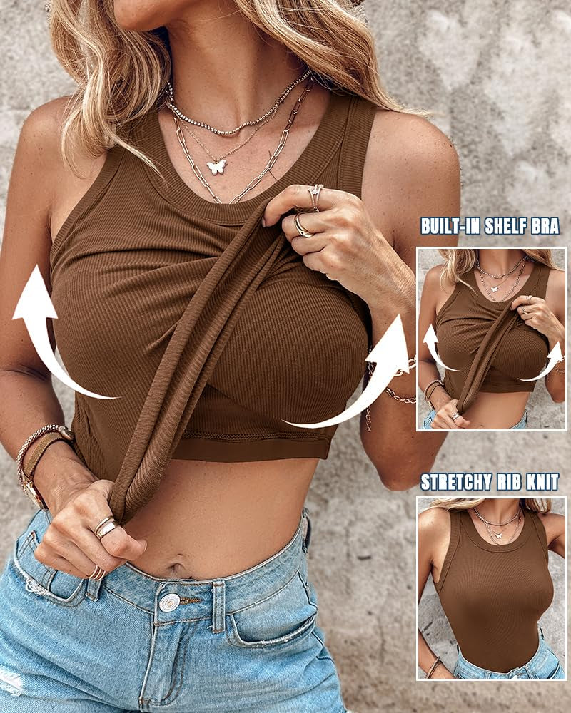 Women’s Ribbed Racerback Tank Top with Built-in Bra