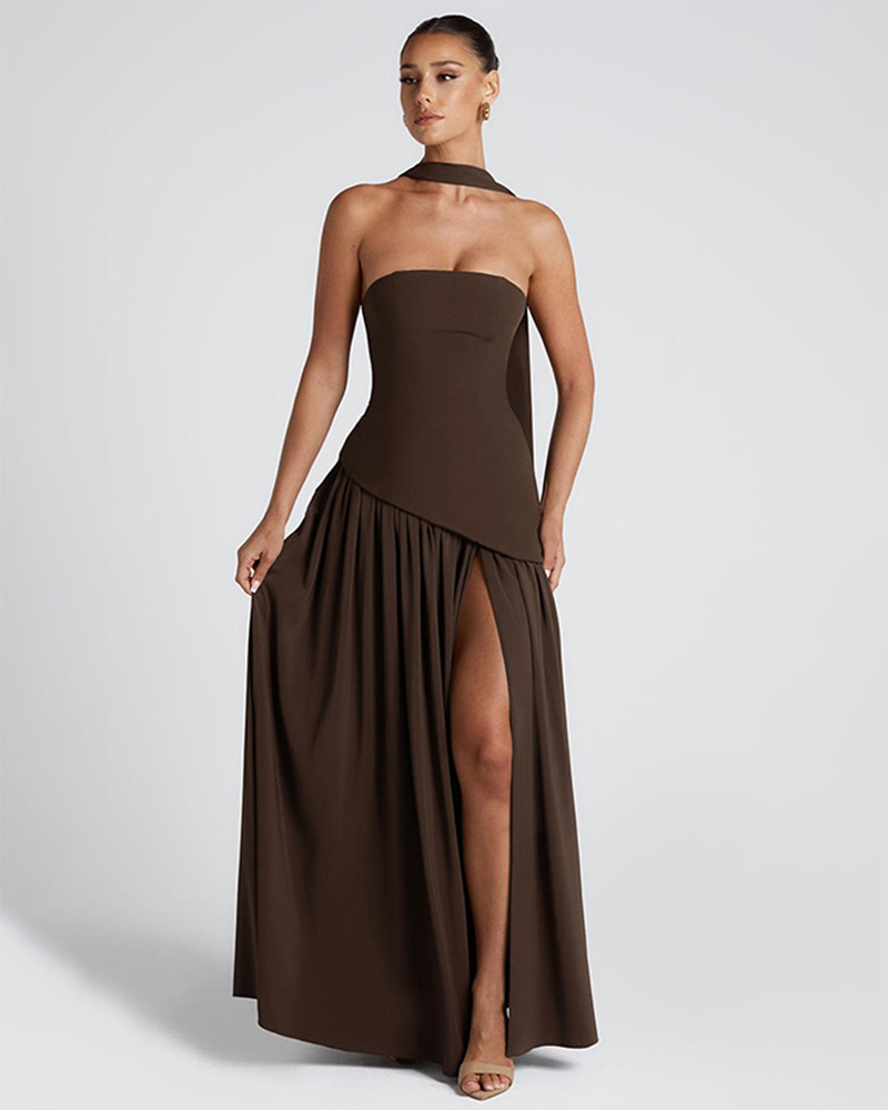 Women's Plain Split Thigh Strapless Bodycon Tube Dress