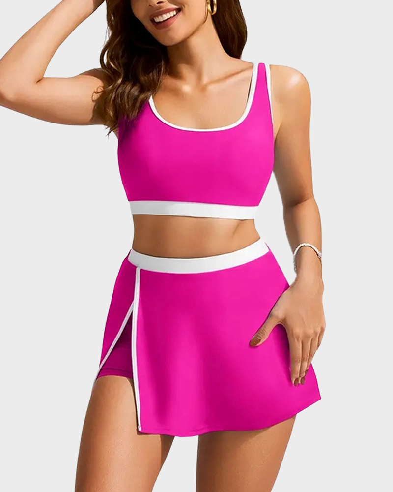 Women's Color Block Two Piece Swimsuit Bikini Set with Side Slit Swim Skirt