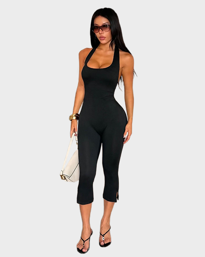 Women's Solid Color Sleeveless Halter Neck Skinny Fit Casual Comfy Jumpsuit