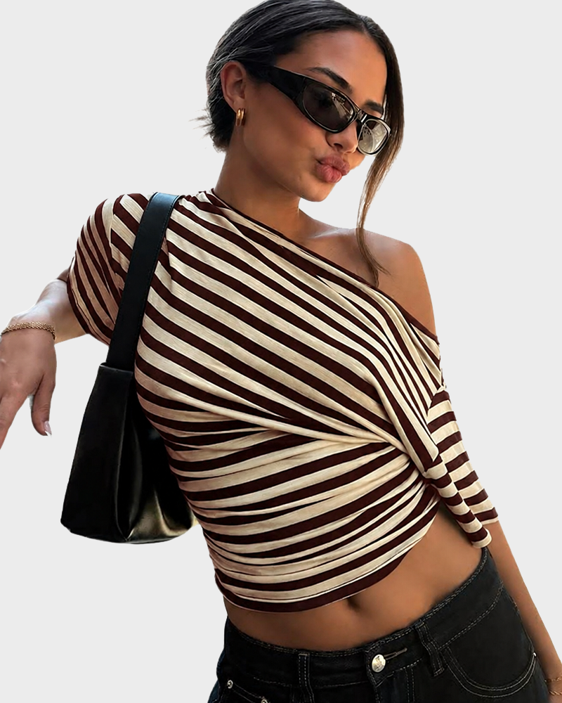 Asymmetrical One Shoulder Striped Asymmetrical Short Sleeve Top