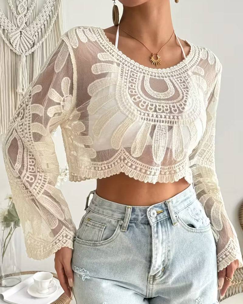 Floral-Embroidered Semi-sheer Long Sleeve Round Neck Cover-Up