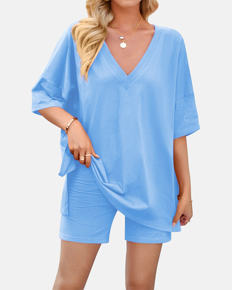 V Neck Oversized Shirt & Biker Shorts 2 Piece Lounge Set