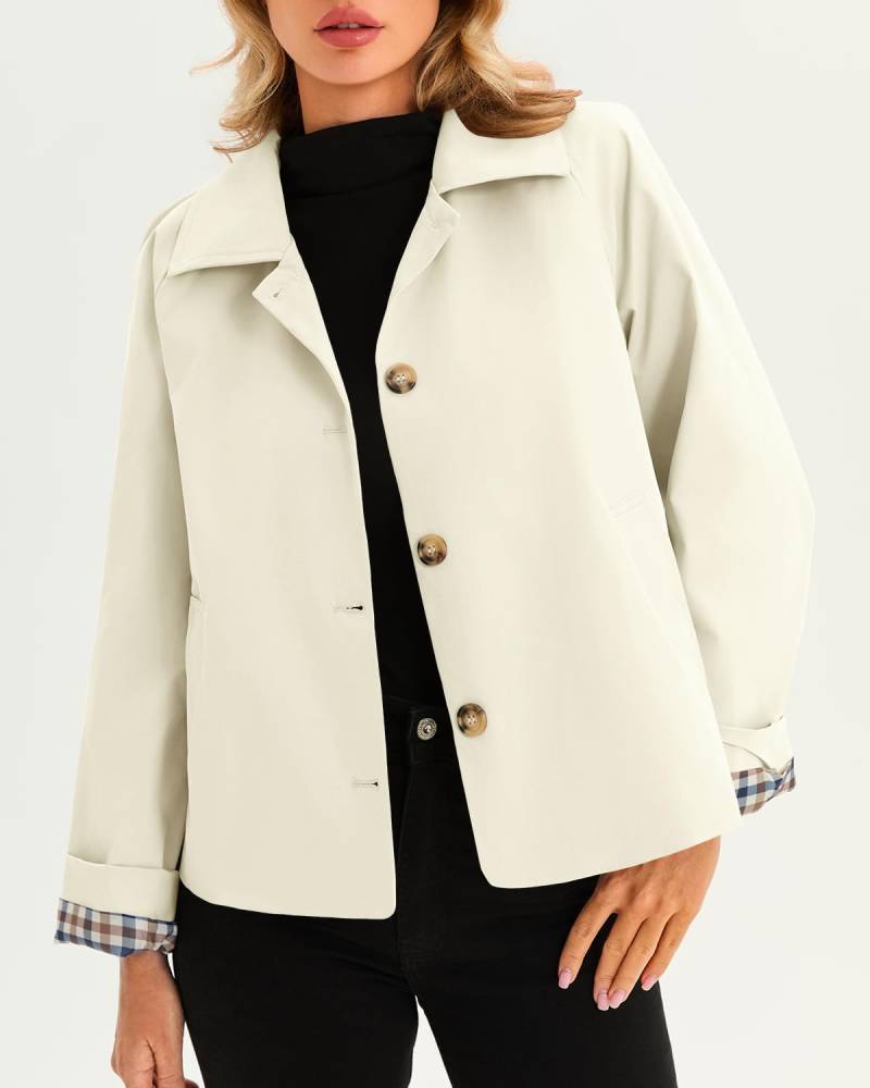 Women's Cropped Trench Coat Style Oversized Checkered Lining Jacket