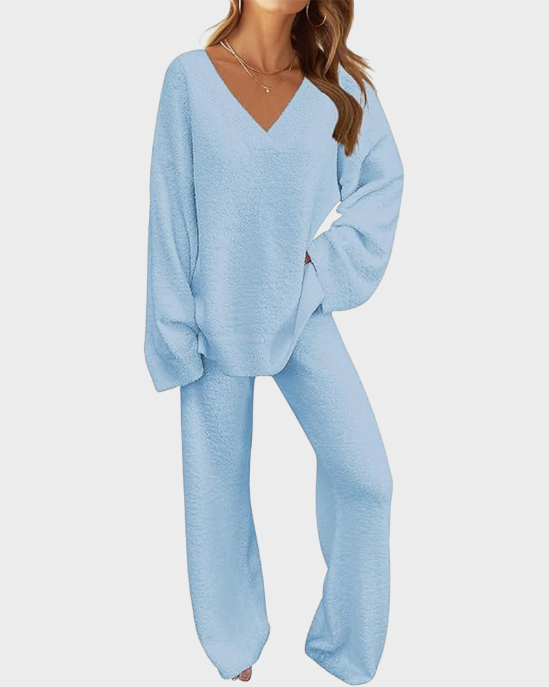 Soft Fuzzy V-Neck Sweater Pajama Set - 2-Piece Loungewear