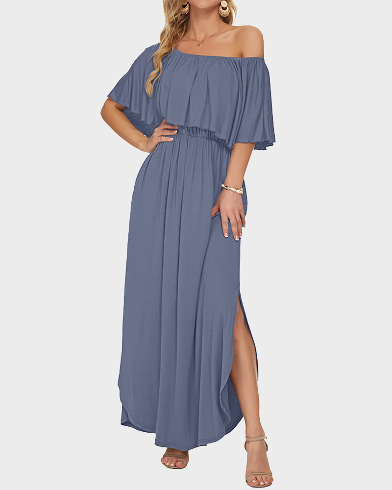 Women's Off The Shoulder Long Ruffle Maxi Dress with Pockets