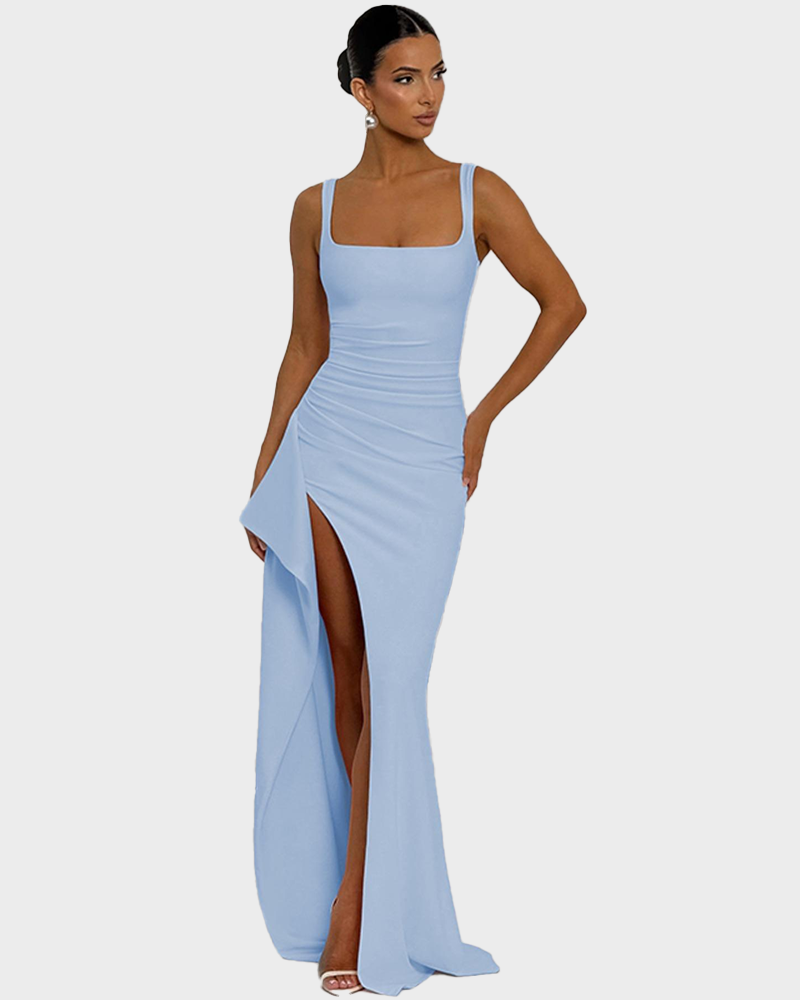 Women's Plain Backless Slip Thigh Split Floor Length Sleeveless Dress