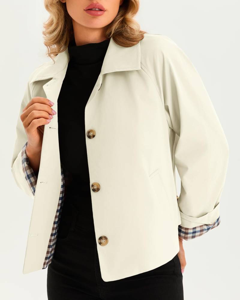 Women's Cropped Trench Coat Style Oversized Checkered Lining Jacket