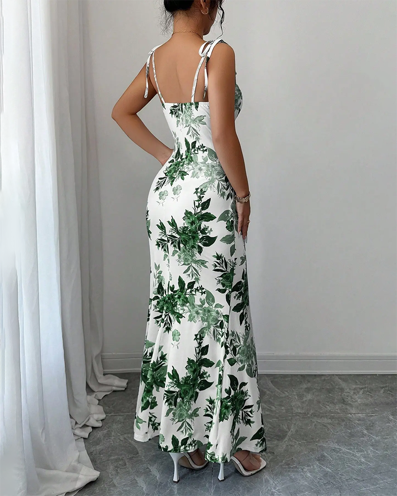Fine Strap Bow Waist Floral Ruched Hem Slit Fitted Casual Slimming Elegant Dress