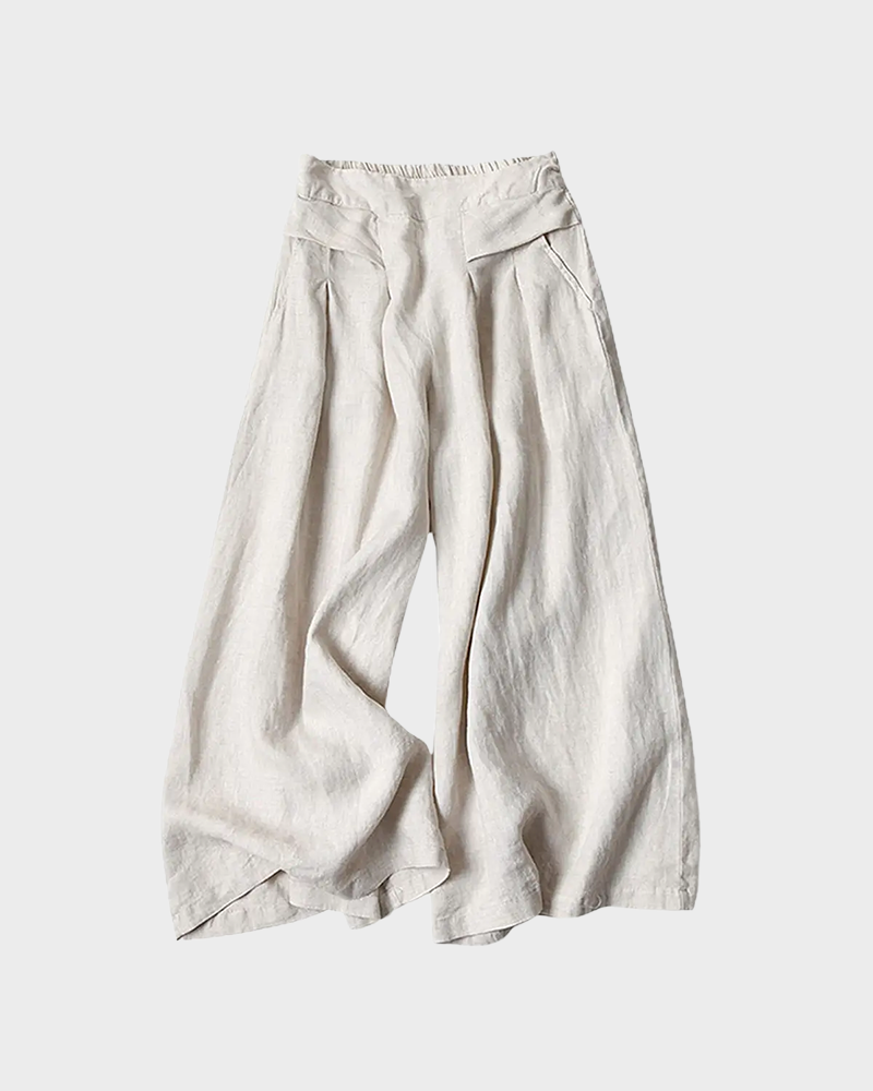 Cotton Linen Elastic Waist Wide Leg Culottes for Women with Pockets Capri Palazzo Pants