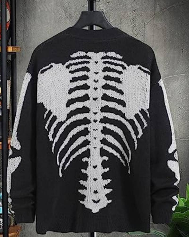Skeleton Print Long Sleeve V Neck Button Front Loose Drop Shoulder Soft Knit Halloween Fall Top