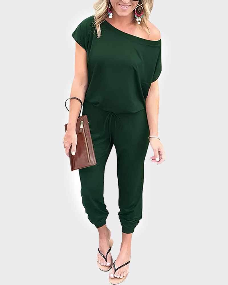Women's Plus Size Off Shoulder Elastic Waist Loose Minimalist Jumpsuit Casual Lightweight Romper