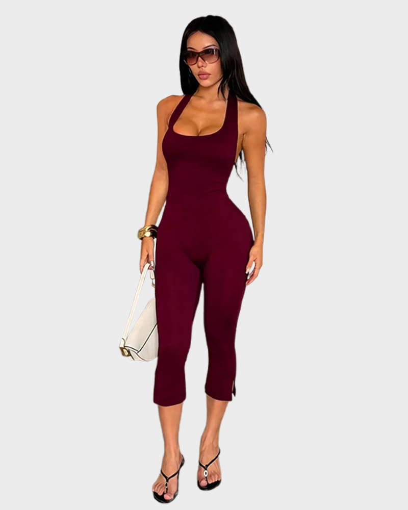 Women's Solid Color Sleeveless Halter Neck Skinny Fit Casual Comfy Jumpsuit