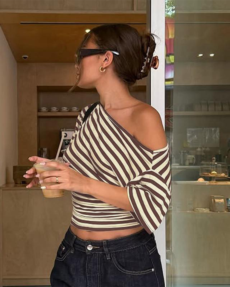 Asymmetrical One Shoulder Striped Asymmetrical Short Sleeve Top