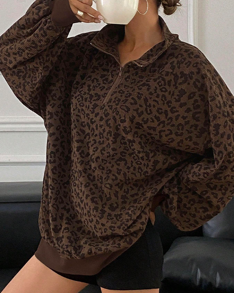 Leopard Print Oversized Half Zip Drop Shoulder Long Sleeve Casual Streetwear Top
