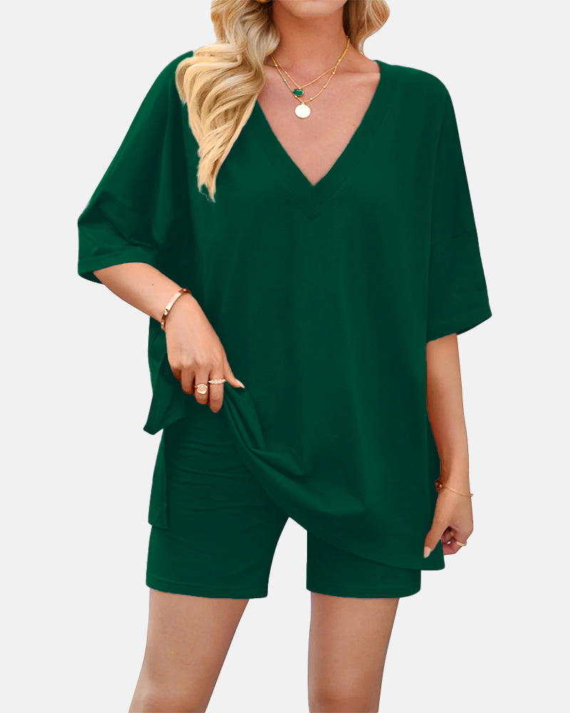 V Neck Oversized Shirt & Biker Shorts 2 Piece Lounge Set