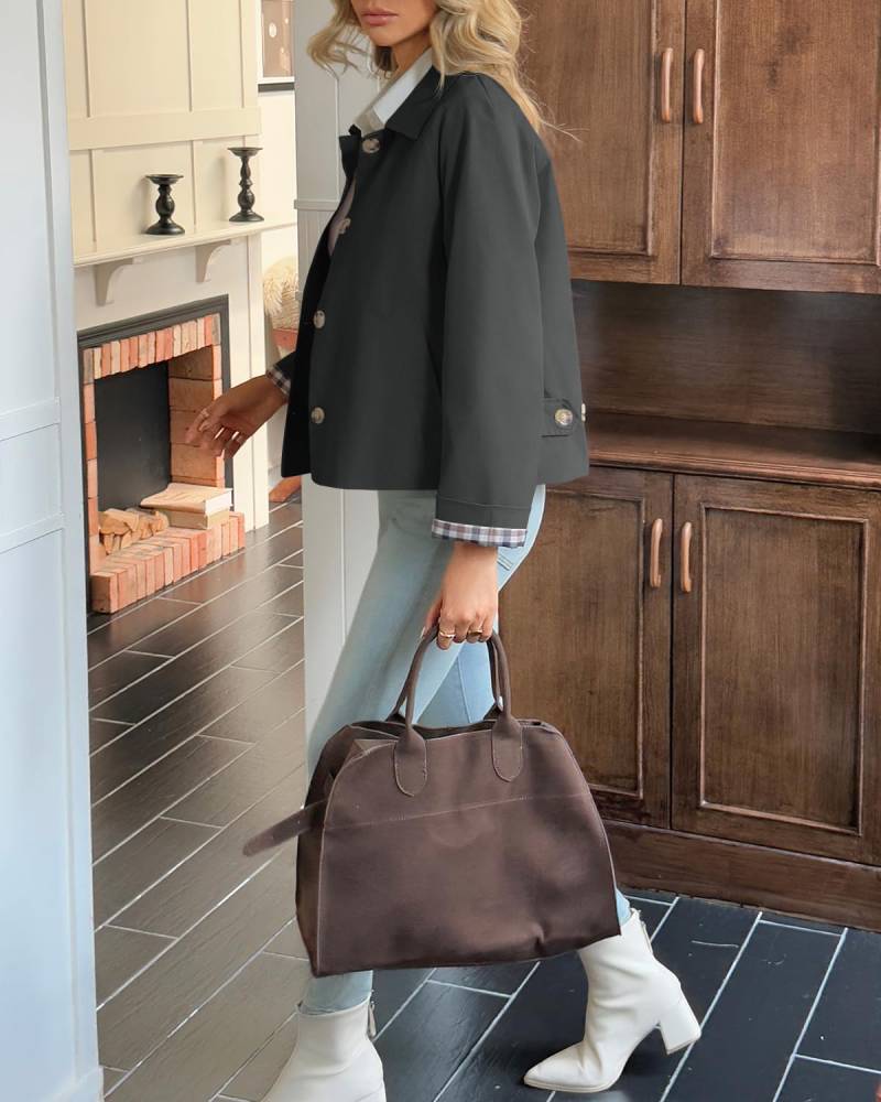 Women's Cropped Trench Coat Style Oversized Checkered Lining Jacket