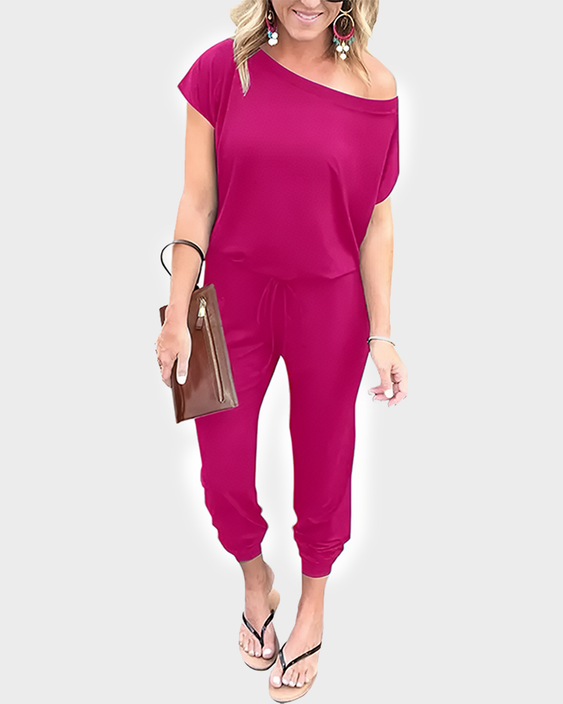 Women's Plus Size Off Shoulder Elastic Waist Loose Minimalist Jumpsuit Casual Lightweight Romper