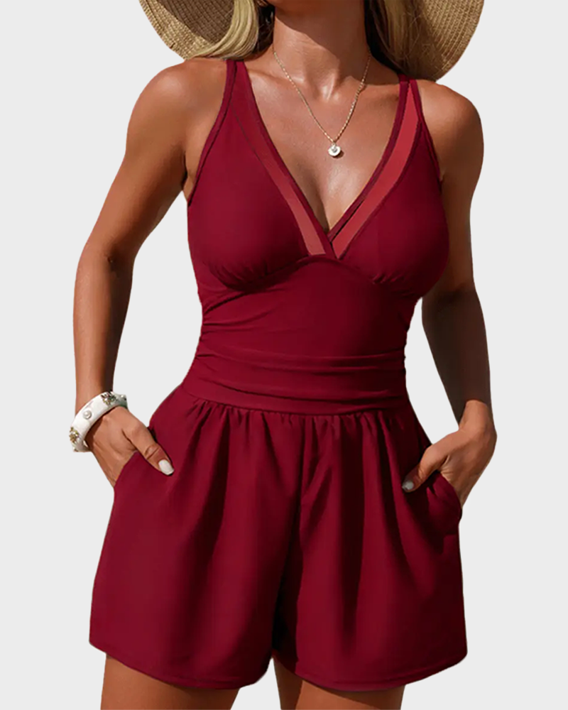 Mesh Trim Romper Style Tankini Swim Dress with Pockets Modest Beach Swimwear