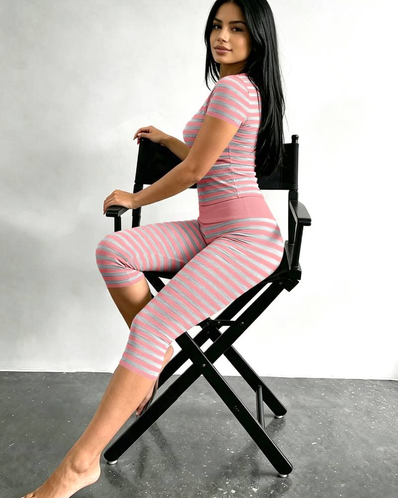 Striped Crew Neck High Waist Stretch Fitted Crop Top & Capri Leggings Lounge Set