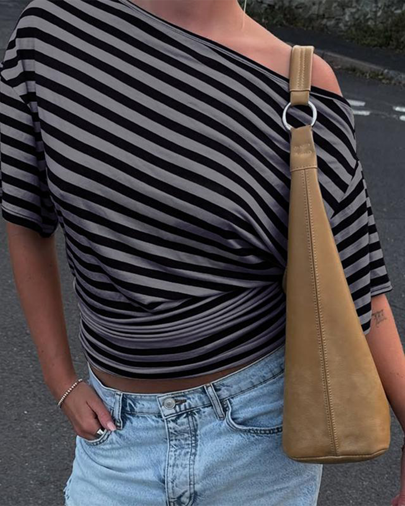 Asymmetrical One Shoulder Striped Asymmetrical Short Sleeve Top