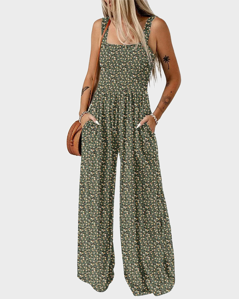 Bohemian Loose Sleeveless Printed Wide Leg Jumpsuit with Pockets Casual Romper