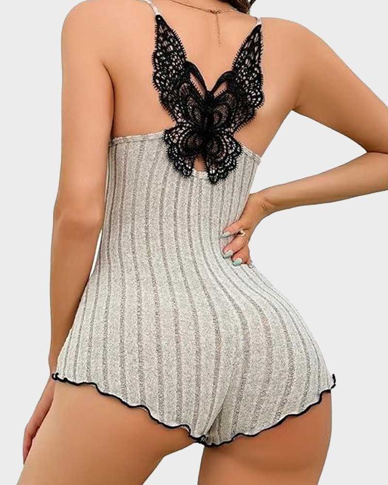 Ribbed Butterfly Embroidery Onesie Pajama Sleeveless Sleepwear
