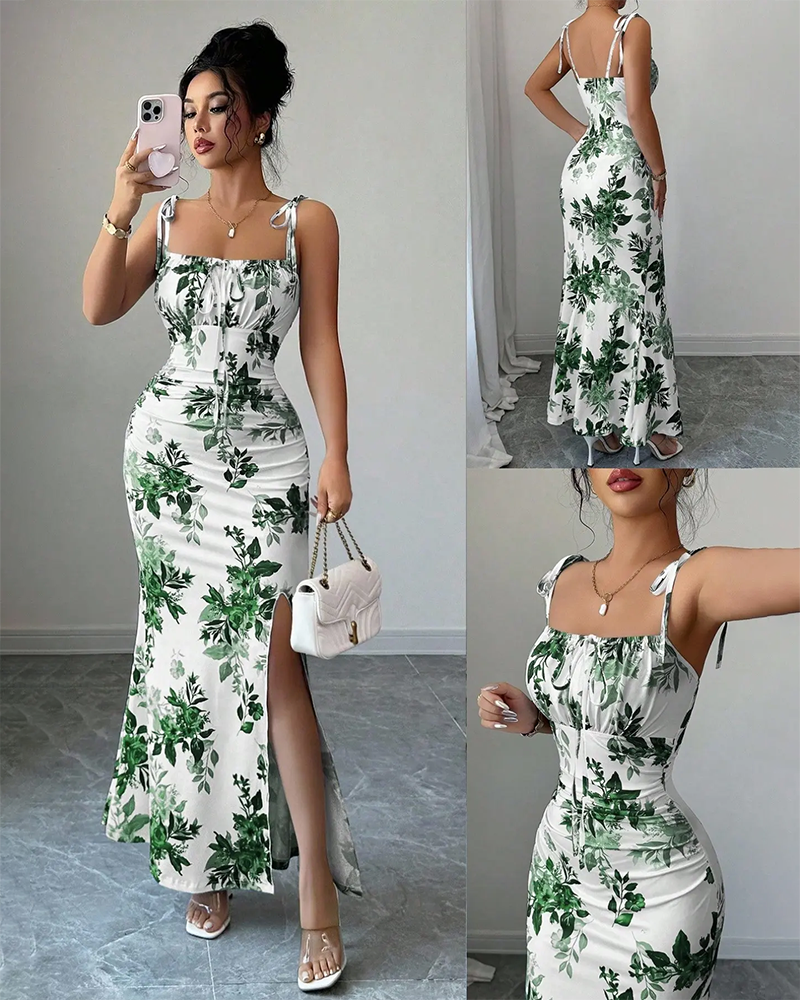Fine Strap Bow Waist Floral Ruched Hem Slit Fitted Casual Slimming Elegant Dress