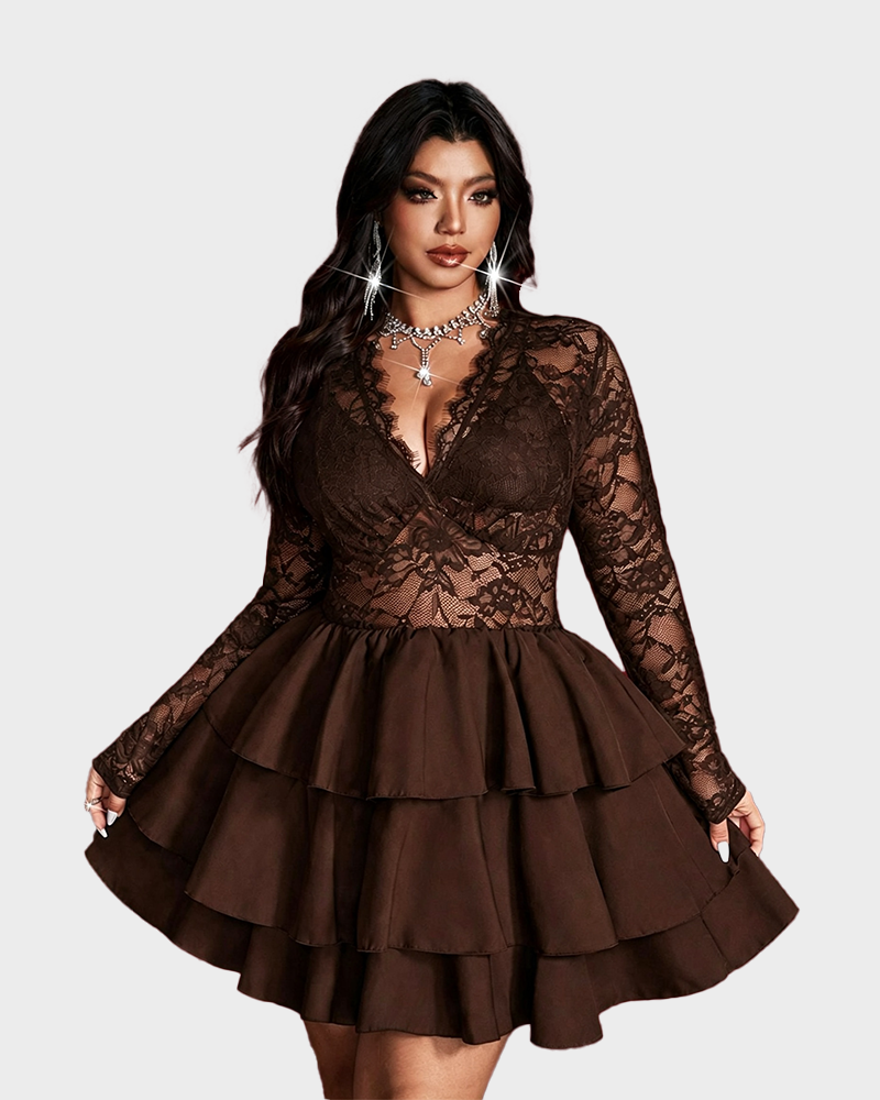 Plus Size Black Lace V-Neck Mini Dress Sheer Long Sleeve Tiered Skirt