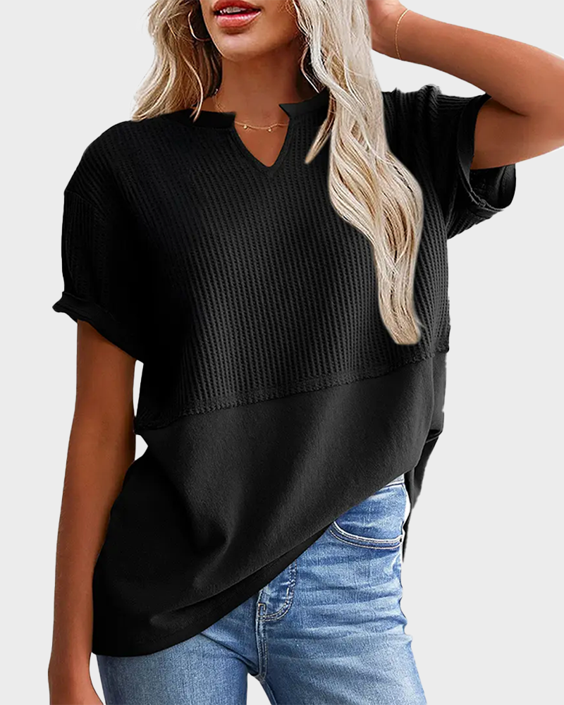 Waffle Knit V Neck Short Sleeve Tunic Soft Solid Minimalist Basic Plus Size Daily Top