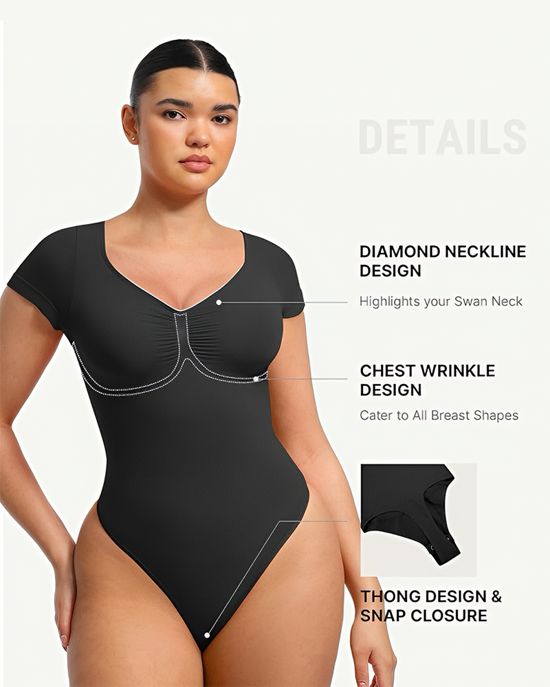 Women's V Neck Tummy Control Seamless Bodysuit Short Sleeve Thong Shapewear